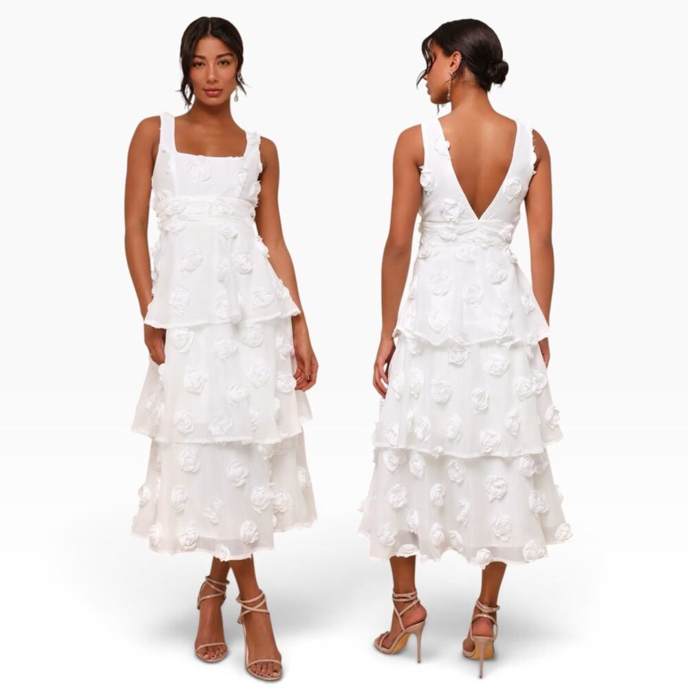 Lulus Exceptional Entrance White Sleeveless Tiered Rosette Midi Dress size M